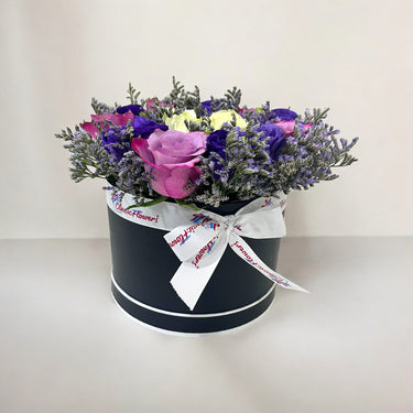 Purple Rose & Lisianthus Bouquet in Black Box